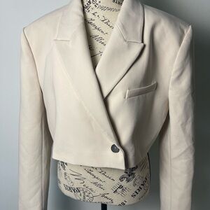 Zara Cropped Blazer Cream Ivory Minimalist Tailored Jacket Size L Modern Chic